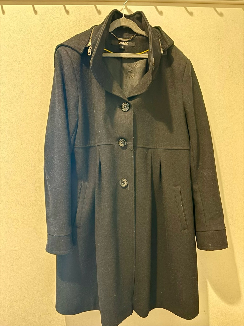 DKNY Black Single-Breasted Hooded Peacoat